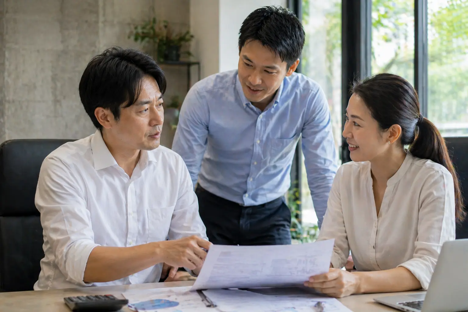 バンコクのオフィスでタイ人スタッフと打ち合わせをする日本人