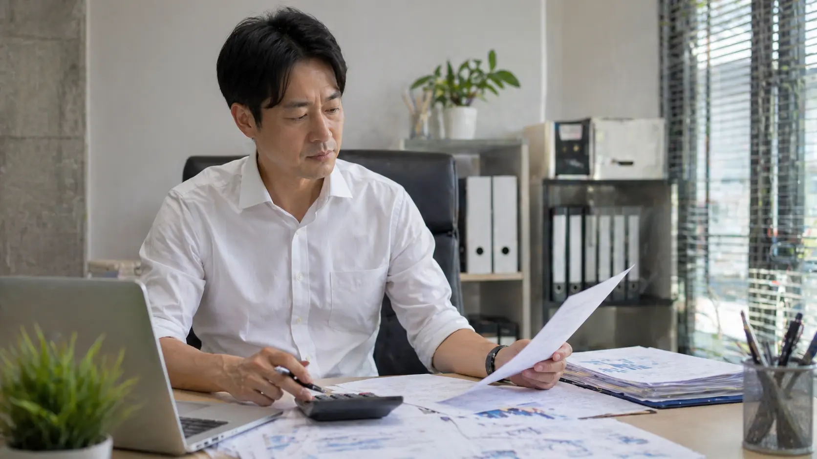 バンコクの会計事務所で書類を確認する日本人男性