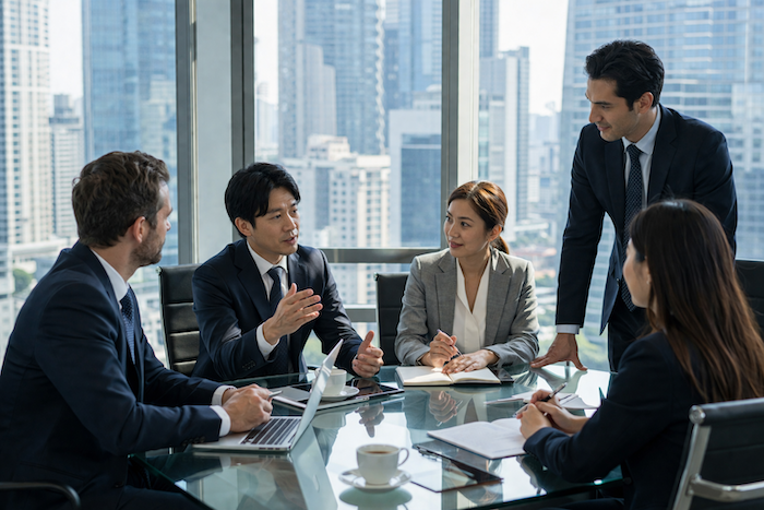 製造業の工場でERPシステムについて打ち合わせをする日本人と現地スタッフ