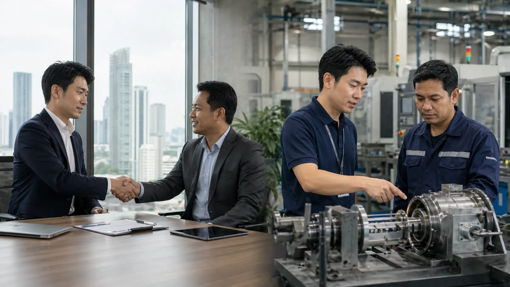 タイの商社営業とセールスエンジニアの仕事の違いを示す対比シーン
