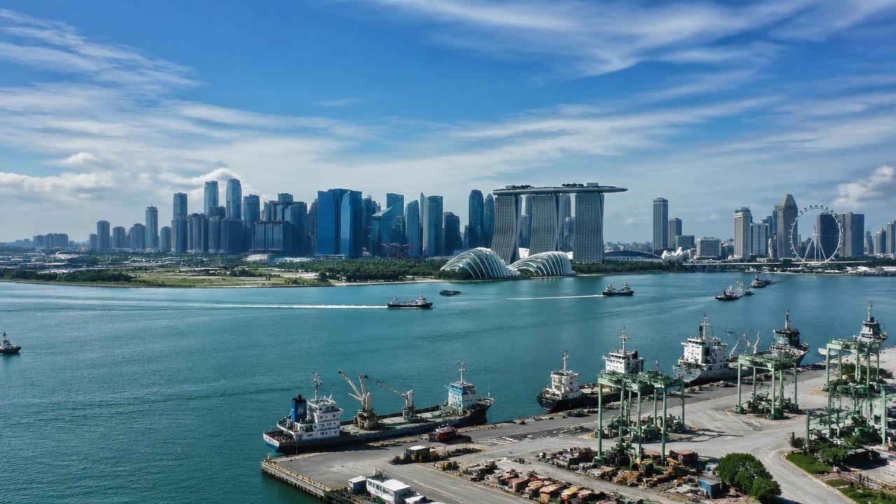 シンガポールのスカイラインと港湾風景