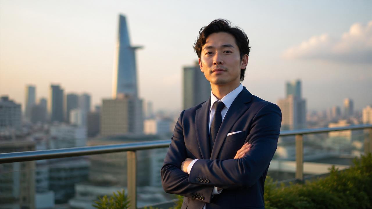 ベトナム・ホーチミンの高層ビルを背景に立つ日本人ビジネスパーソン