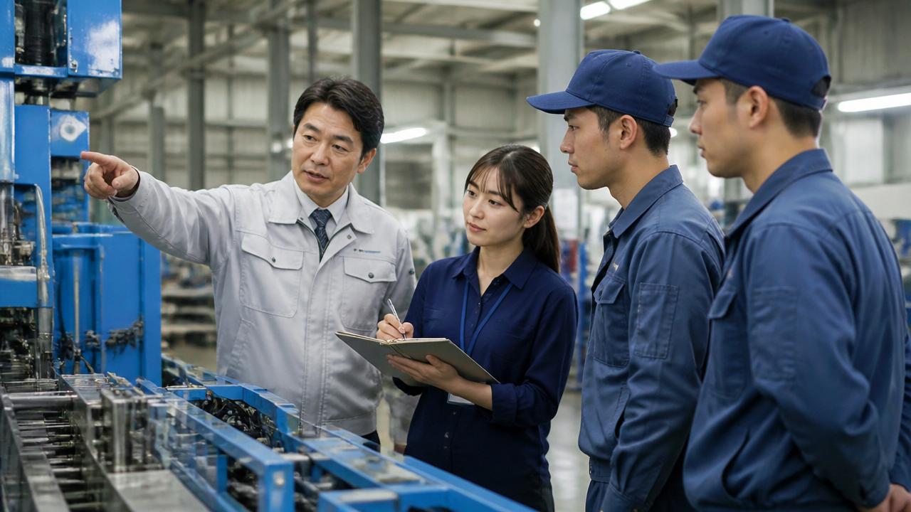 ベトナム工場で通訳を介して現地スタッフに技術指導する日本人エンジニア