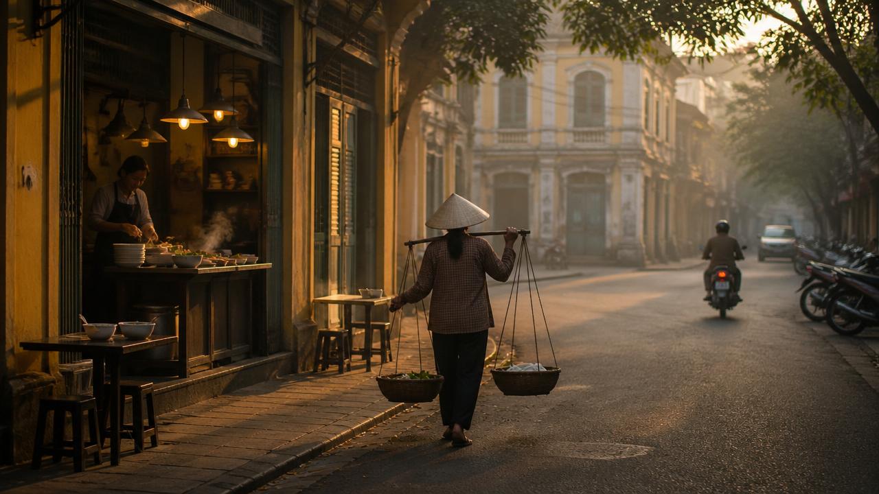 ハノイ旧市街の朝、フランス植民地時代の建築と地元の暮らしの様子