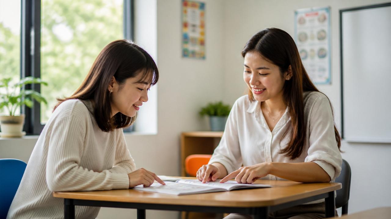 現地語学スクールでベトナム人講師から1対1のレッスンを受ける日本人女性