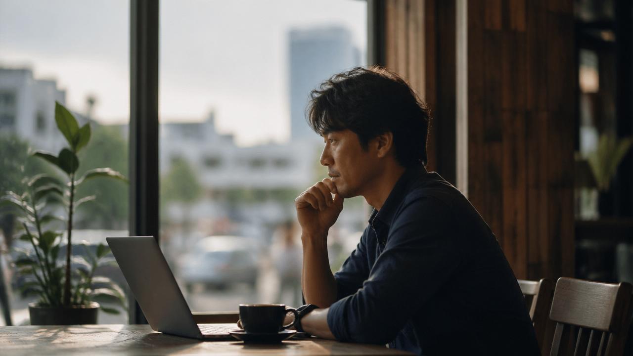 ホーチミンのカフェでノートPCを開きベトナム求人を検討する日本人男性