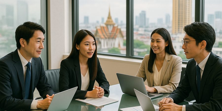 バンコクのオフィスで日本人とタイ人スタッフが共同ミーティングをする様子