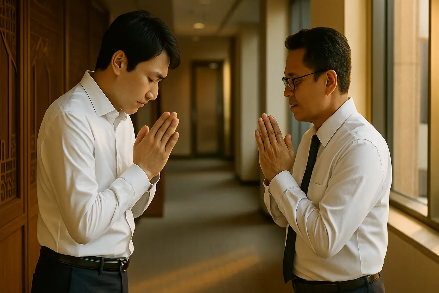 タイ人同僚にワイで挨拶を返す日本人駐在員